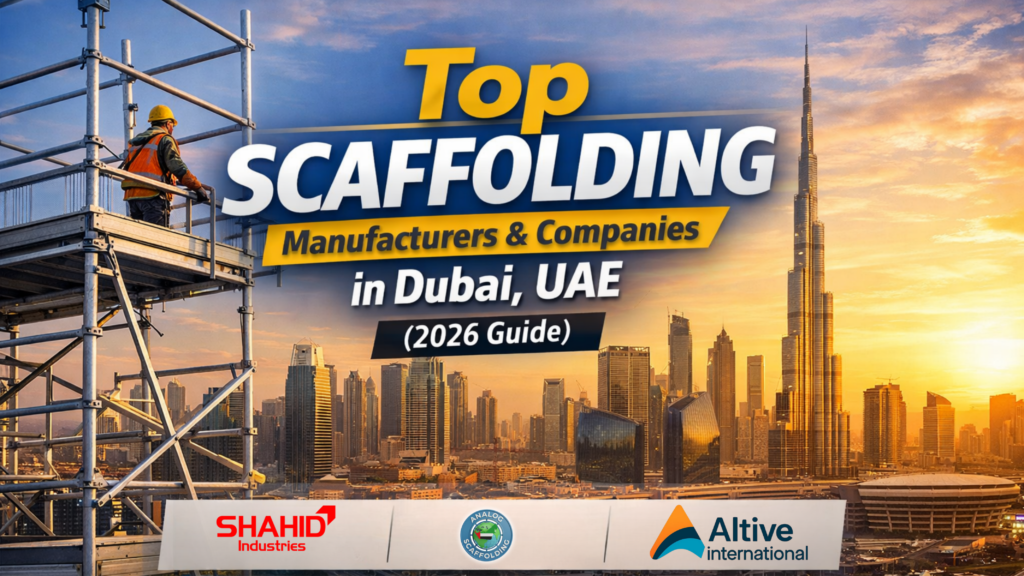 Top scaffolding manufacturers and companies in Dubai UAE with construction scaffolding and Burj Khalifa skyline