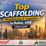 Top scaffolding manufacturers and companies in Dubai UAE with construction scaffolding and Burj Khalifa skyline