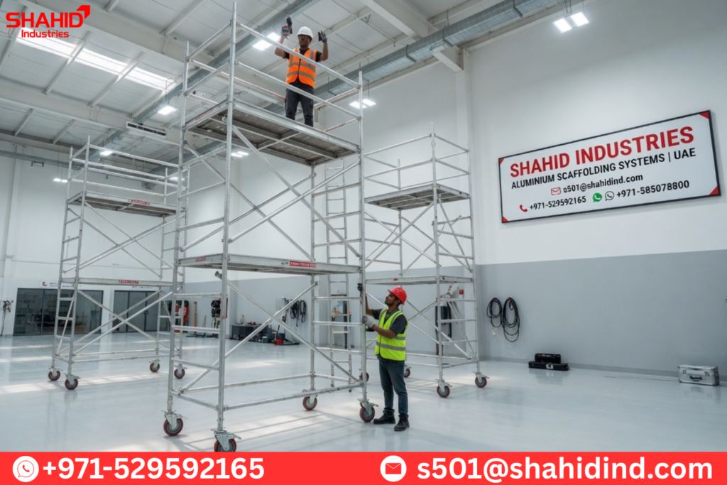 Aluminum mobile scaffolding tower setup inside warehouse with workers assembling system UAE
