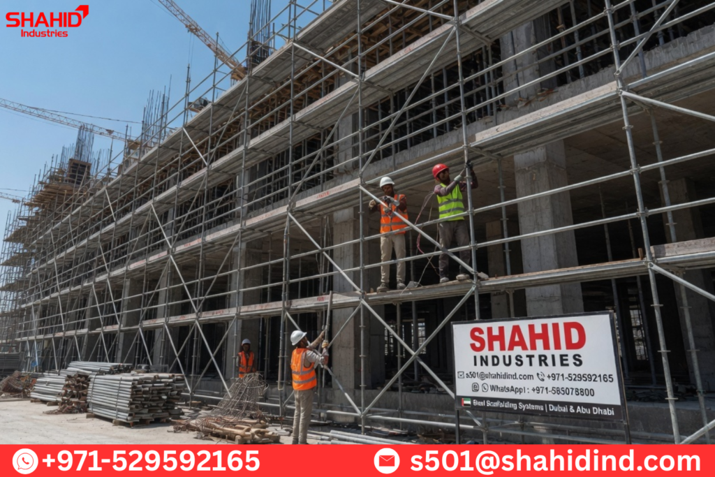 Large-scale building facade scaffolding installation with workers on multi-level structure UAE