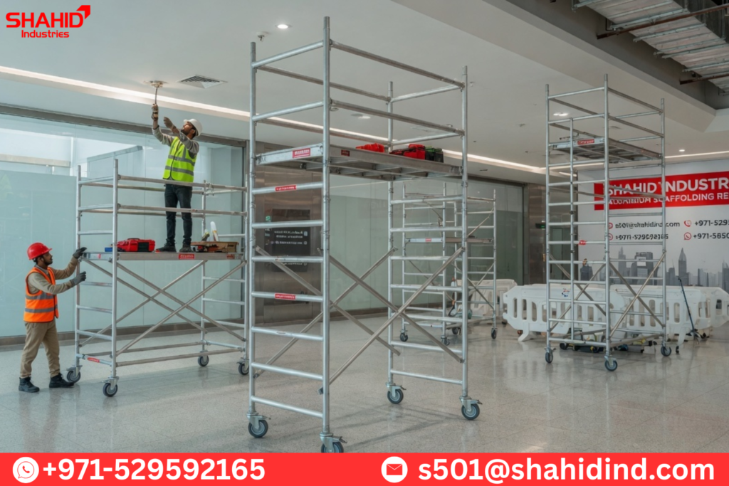 Workers using aluminum mobile scaffolding tower for indoor maintenance work in UAE