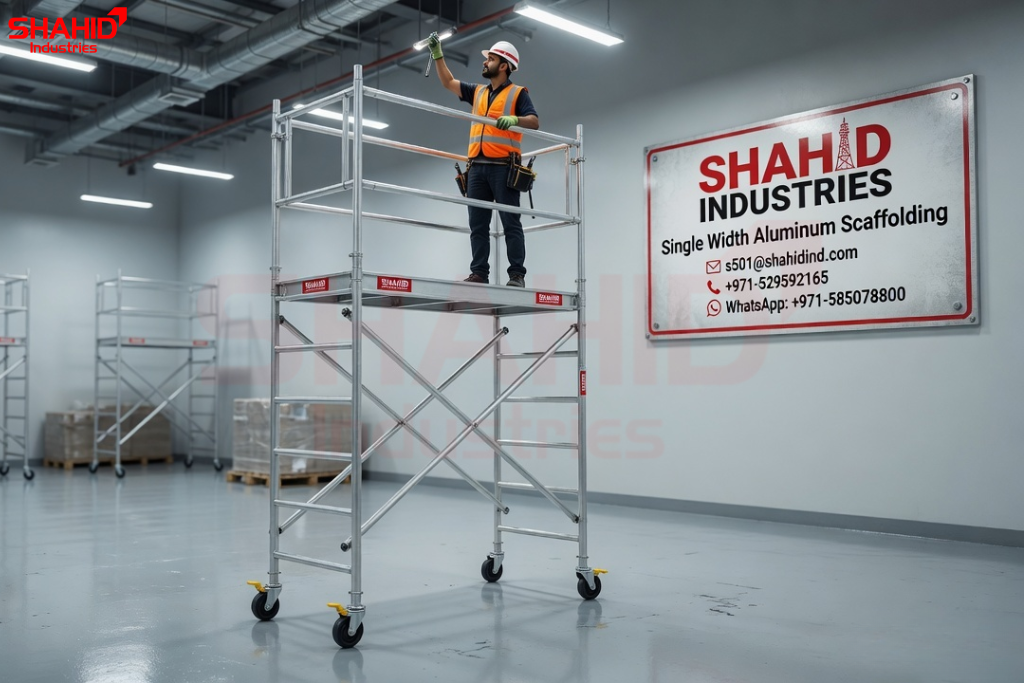Worker using single width aluminum scaffolding tower for indoor maintenance inside warehouse in UAE