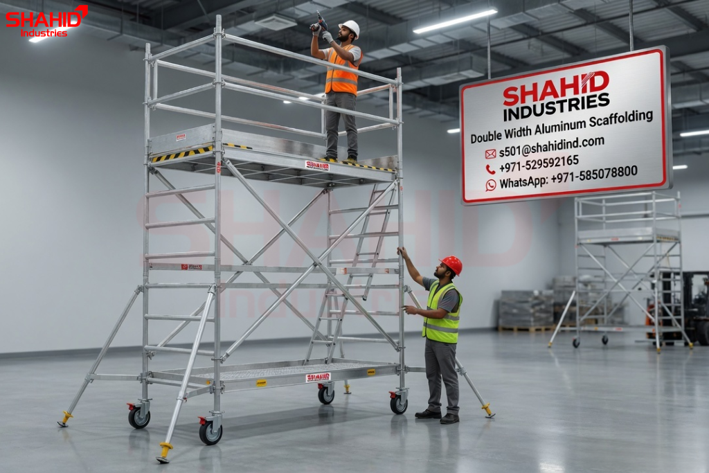 Double width aluminum scaffolding tower with workers performing indoor maintenance in warehouse UAE
