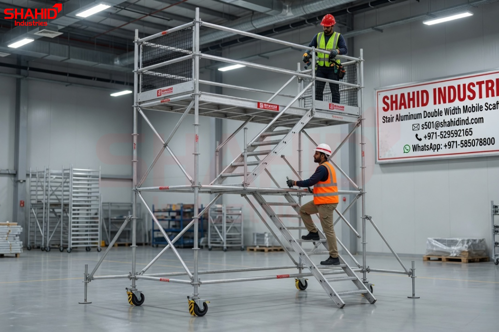Stair aluminum double width mobile scaffolding tower with workers using indoor access platform in UAE
