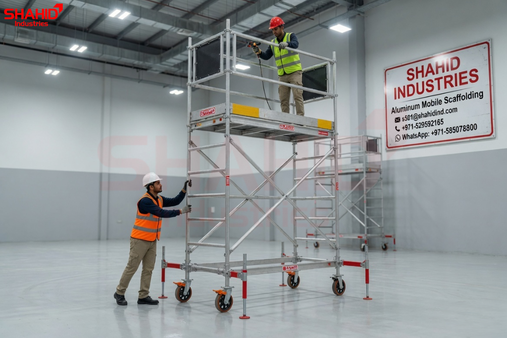 Aluminum mobile scaffolding tower with workers using elevated access platform indoors in UAE