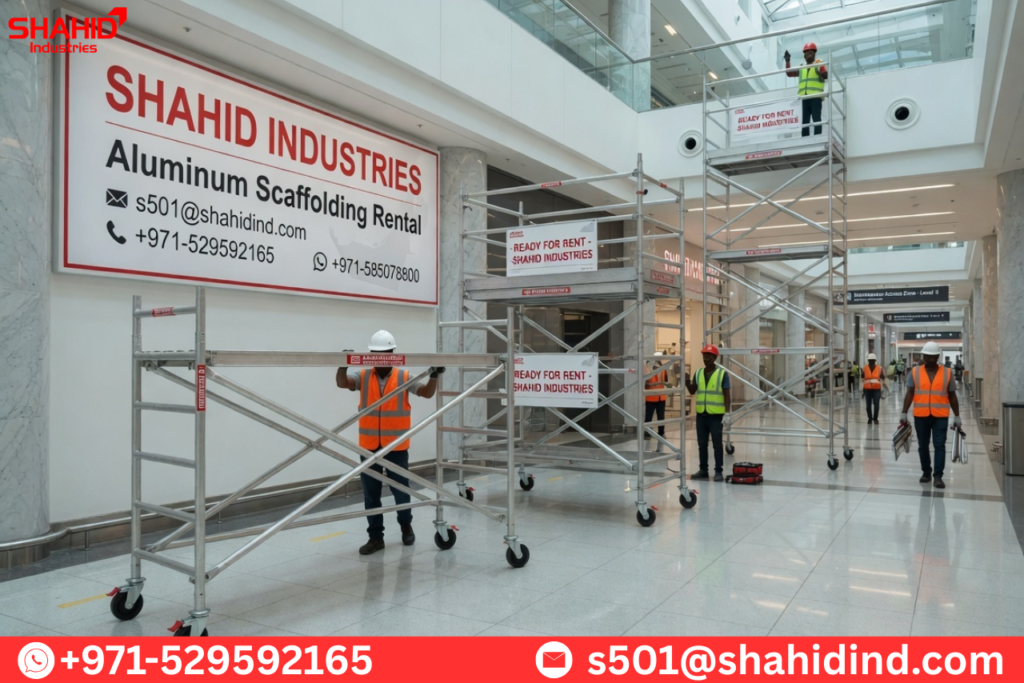 Aluminum scaffolding rental towers inside commercial mall with workers assembling mobile access systems in UAE