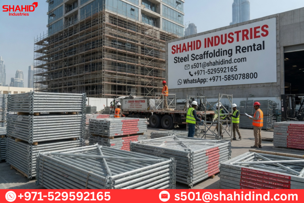 Steel scaffolding rental yard with stacked frames, workers loading materials, and construction tower in UAE