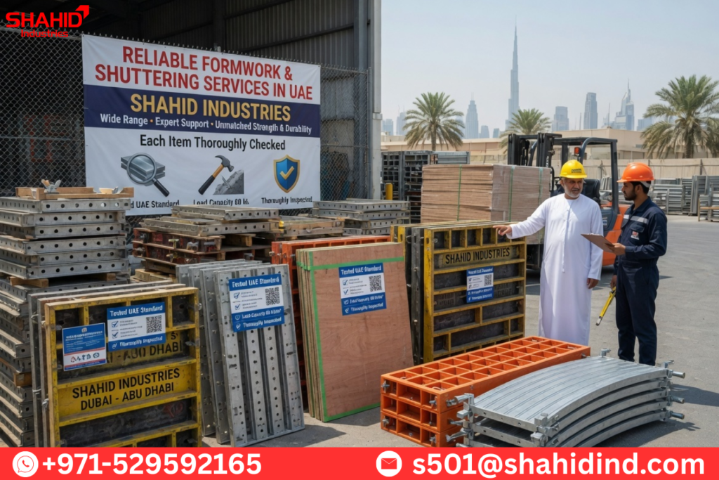 Formwork and shuttering materials yard with plywood panels, steel components, and client inspection in UAE