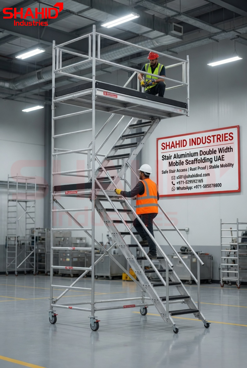 Tall stair aluminium double width mobile scaffolding tower with workers using elevated indoor access platform in UAE