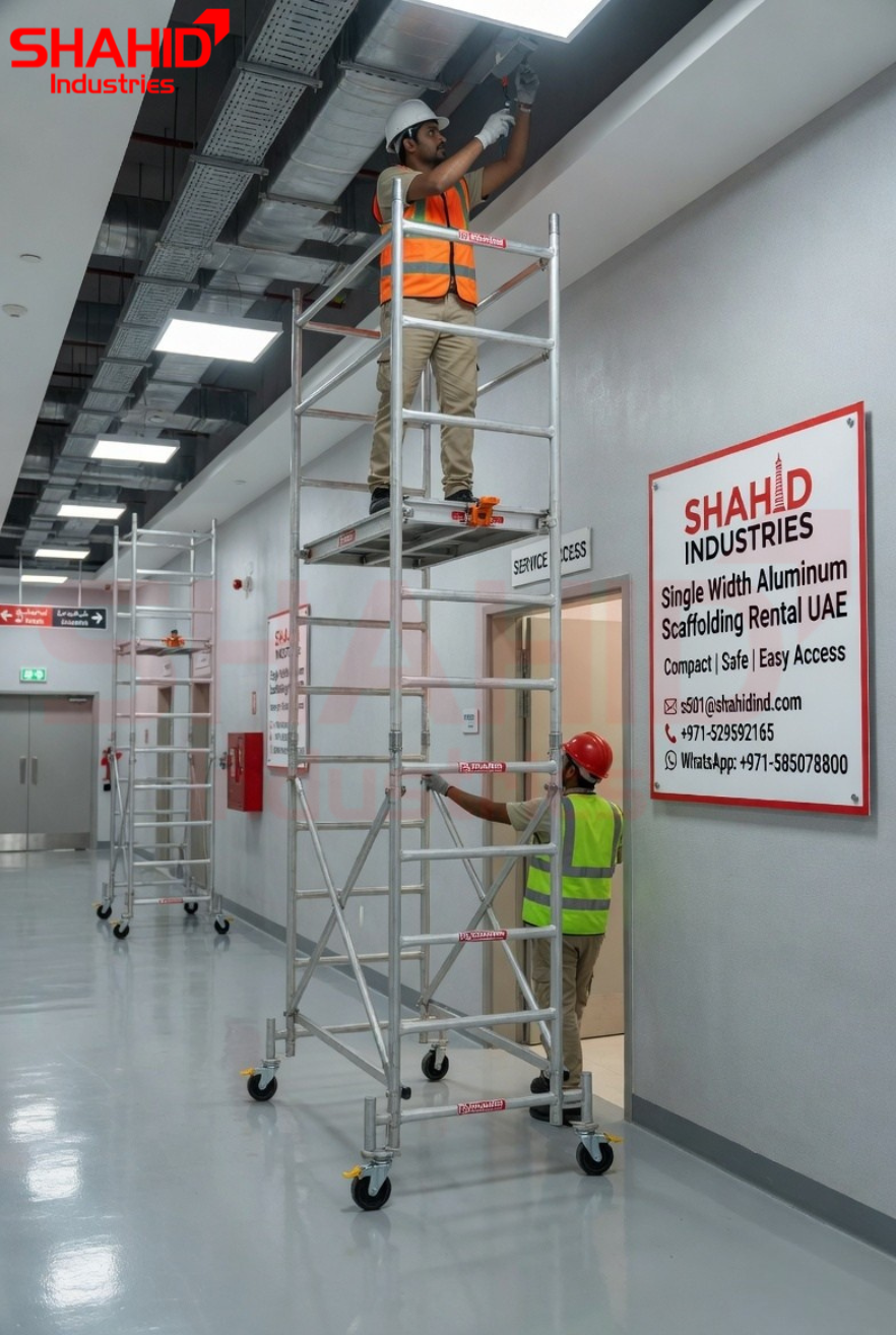 Double width aluminium scaffolding rental tower with workers on wide platform performing indoor maintenance in UAE
